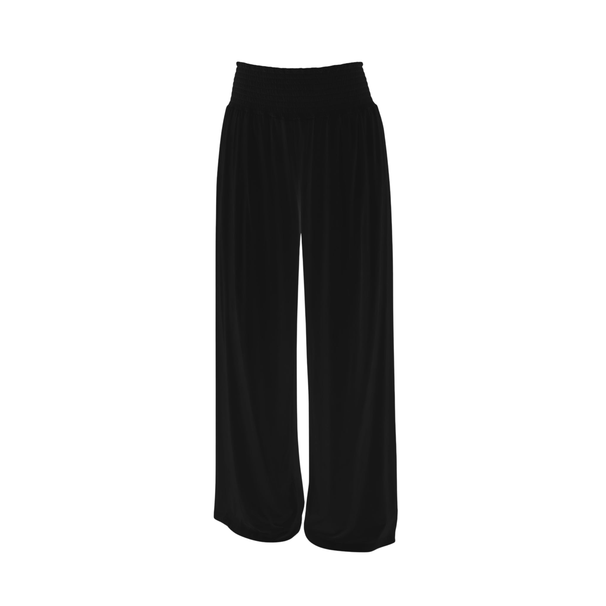 Black Brisa lounge pant with wide-leg silhouette and smocked waistband in lightweight, breathable fabric.