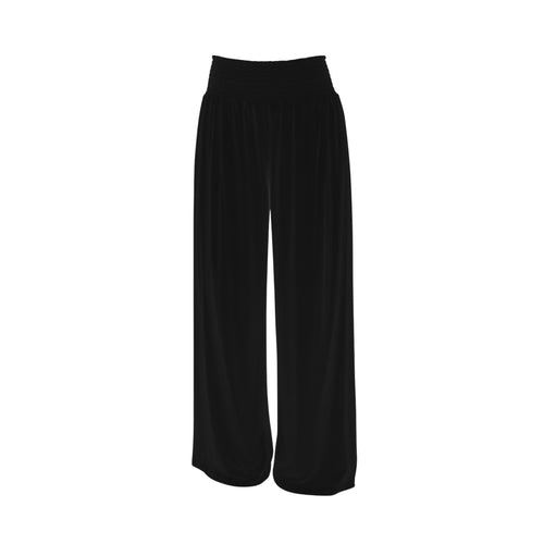 Black Brisa lounge pant with wide-leg silhouette and smocked waistband in lightweight, breathable fabric.