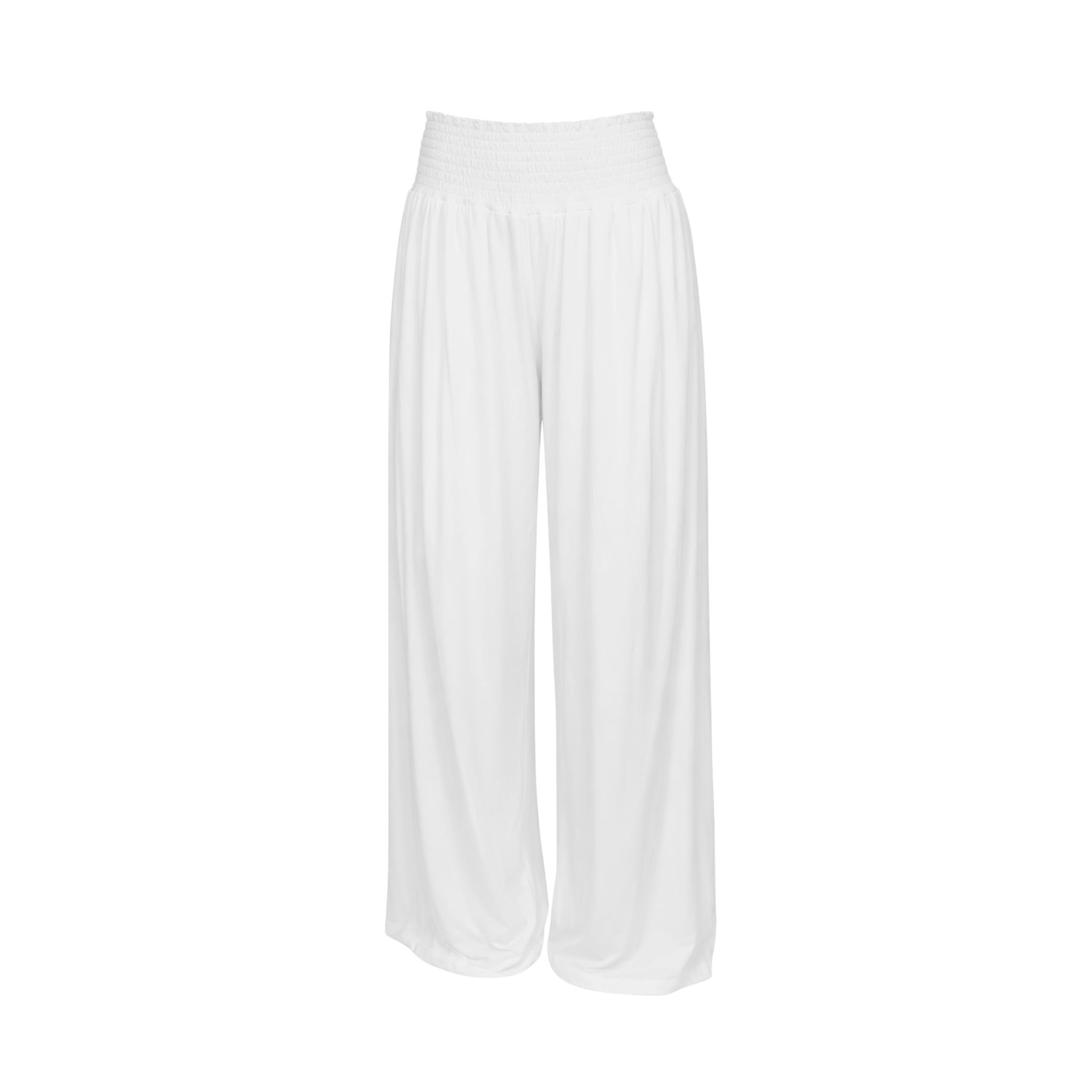 Flowy white Brisa lounge pants showcasing wide-leg movement and breathable design