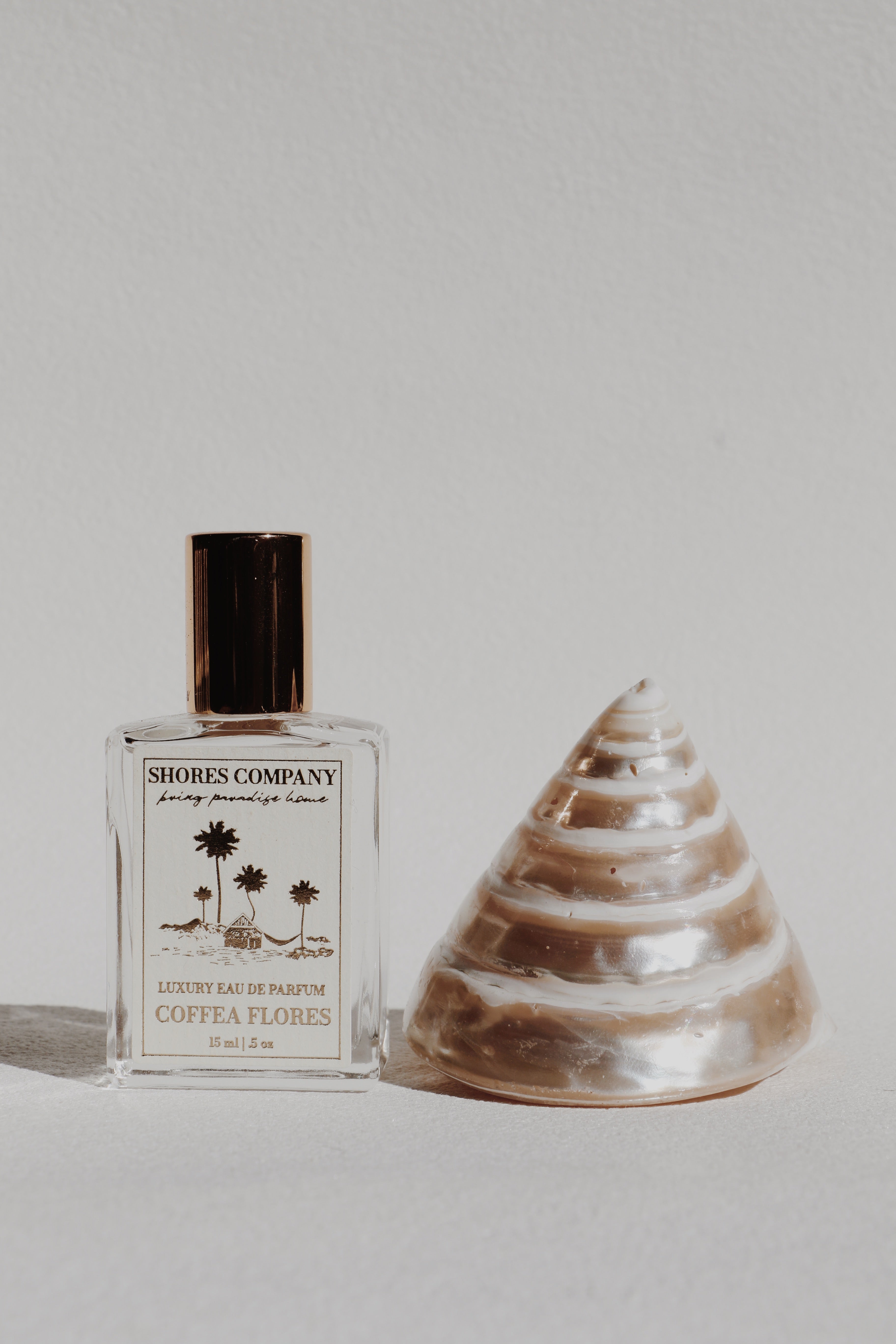 15ml Perfume bottle and cone-shaped shell on a light gray background