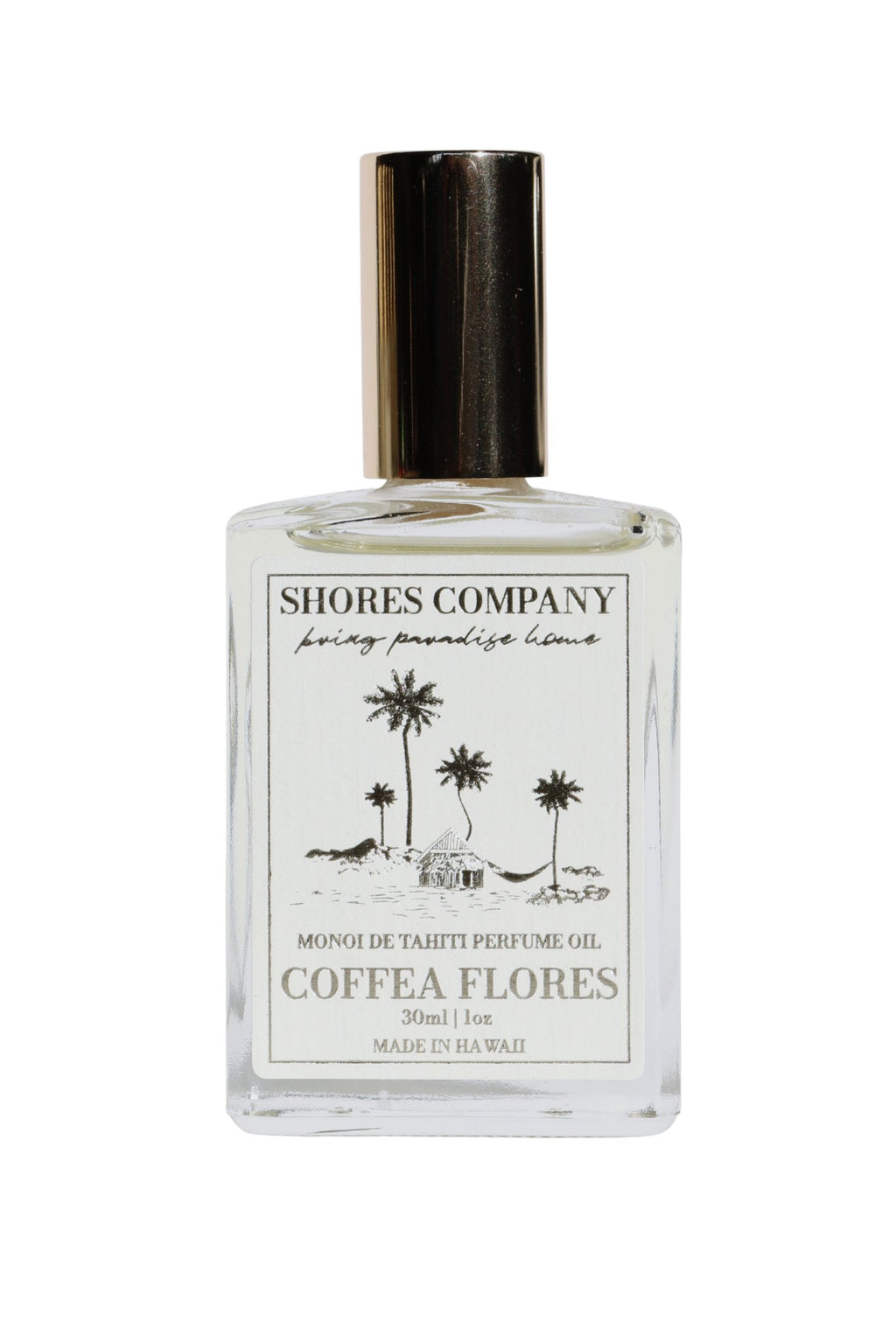 Perfume bottle labeled 'Shores Company' with palm tree design on a white background