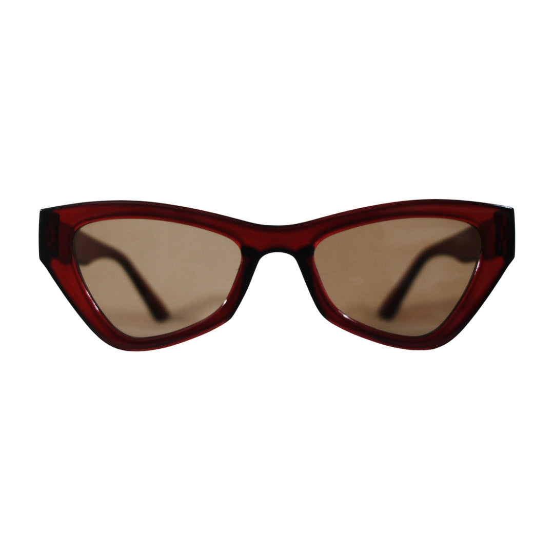 Crimson Wave cat-eye sunglasses in a bold deep crimson color, crafted from M-49 bio acetate and recycled plastic, offering a sleek, stylish design with full UVA/UVB protection