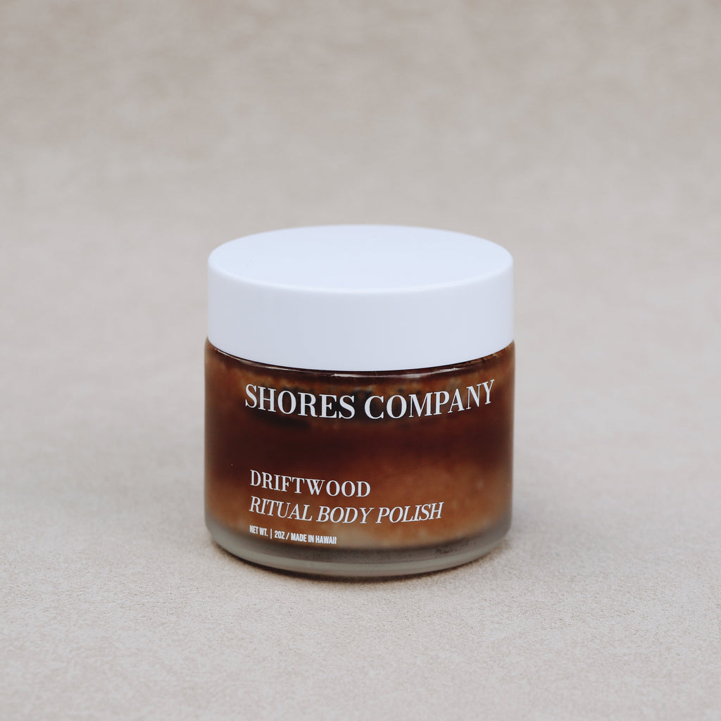 Jar of Shores Company Driftwood Ritual Body Polish on a beige background