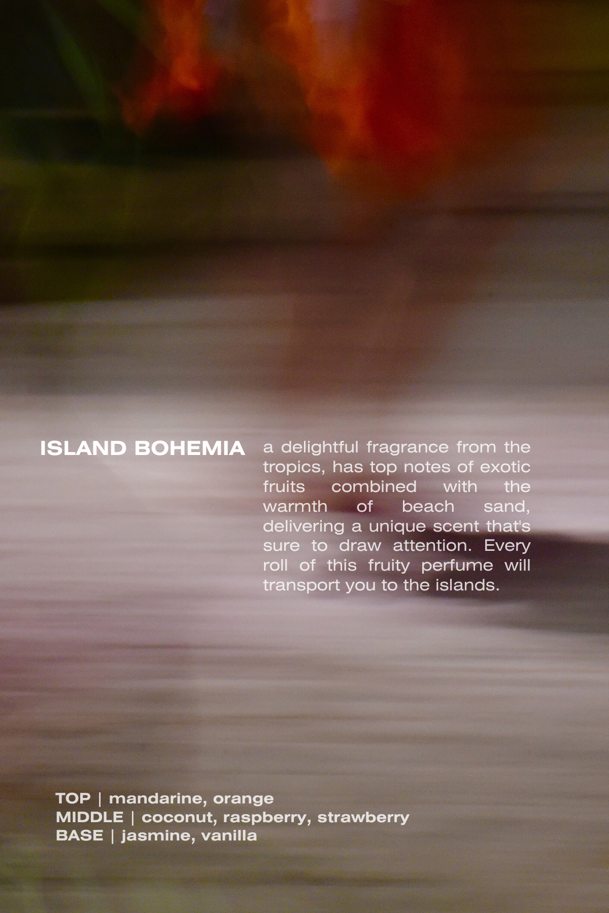 Non Alcohol perfumes. Island Bohemia perfume bottle with an inviting tropical scent of mandarin, coconut, and vanilla, ideal for those drawn to bright, playful fragrances.