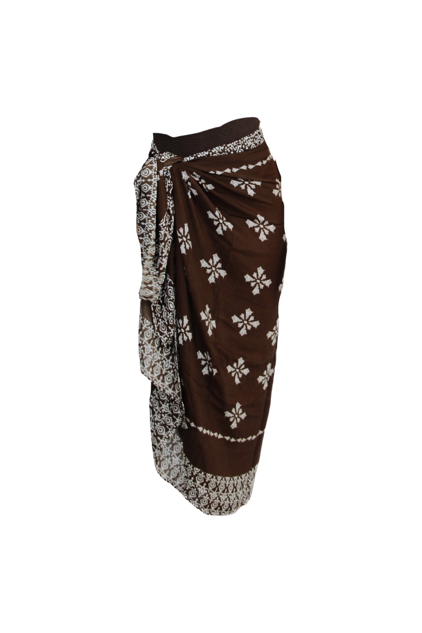 Brown wrap skirt with white shell patterns on a white background