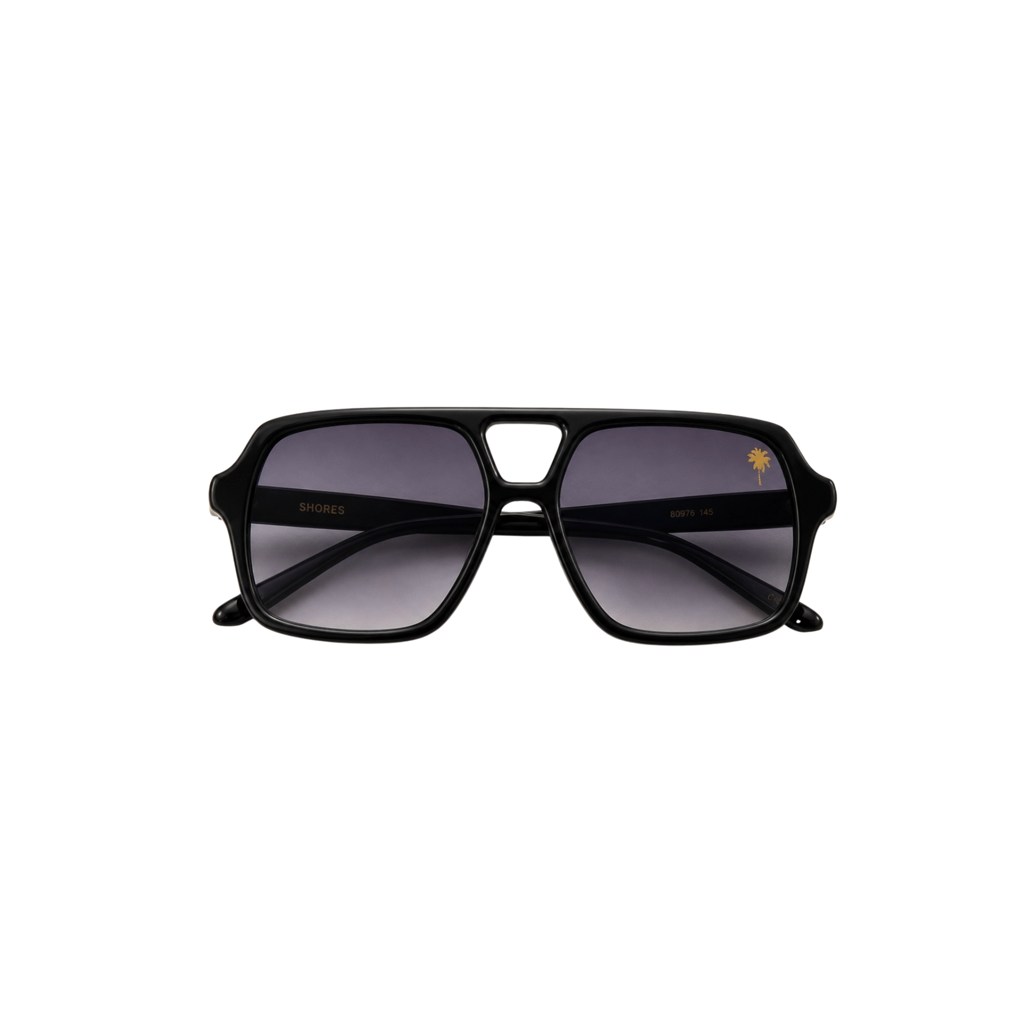 black aviator sunglasses with shores company gold palm logo