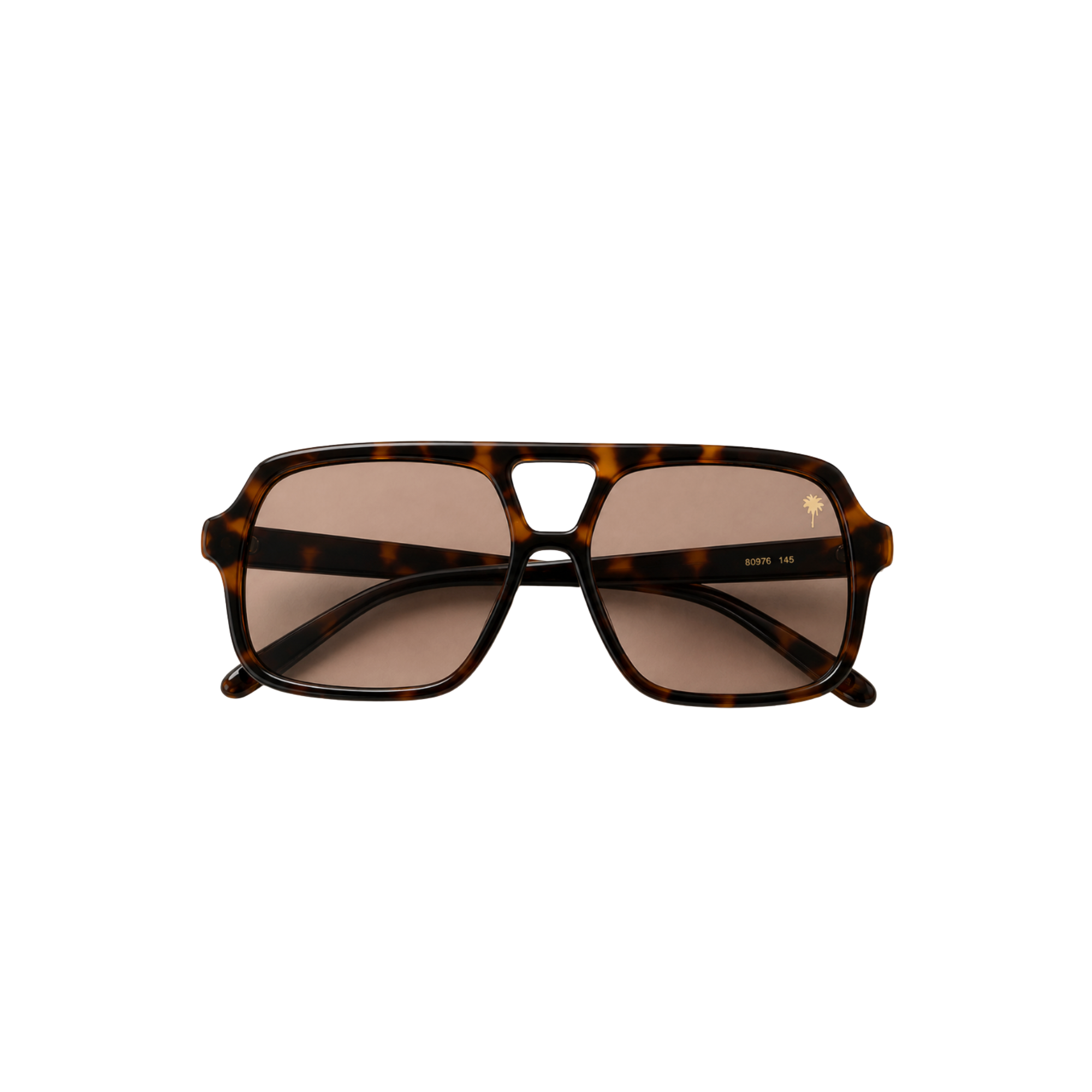 Tortiose aviator sunglasses with shores company gold palm logo