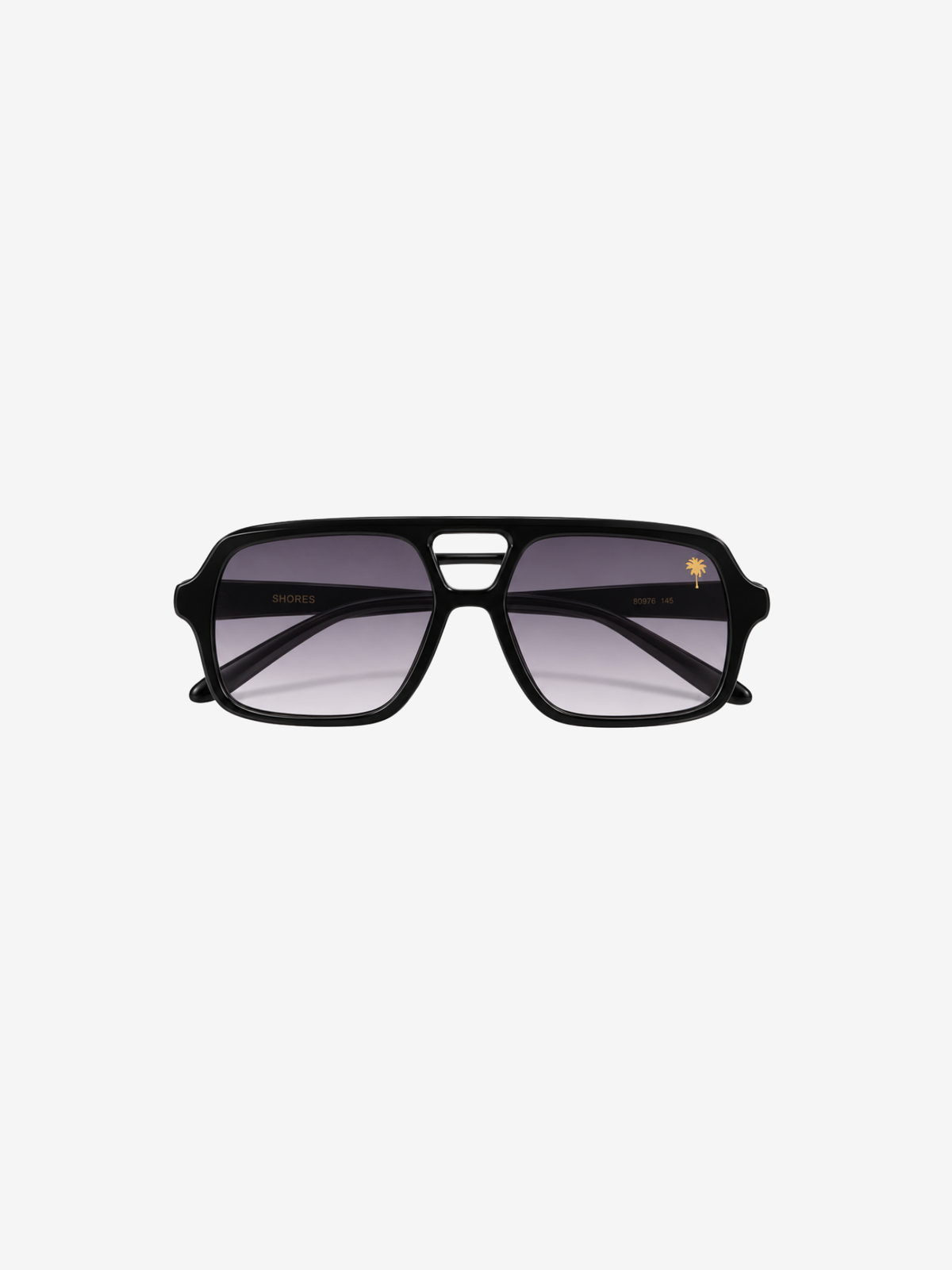 A pair of black square aviator-style sunglasses with gradient gray lenses and a small gold logo on the upper right frame, shown against a light gray background.