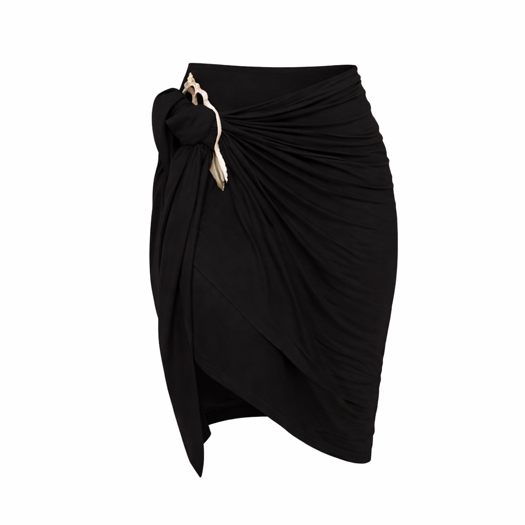 Black draped skirt with shell slice on a white background