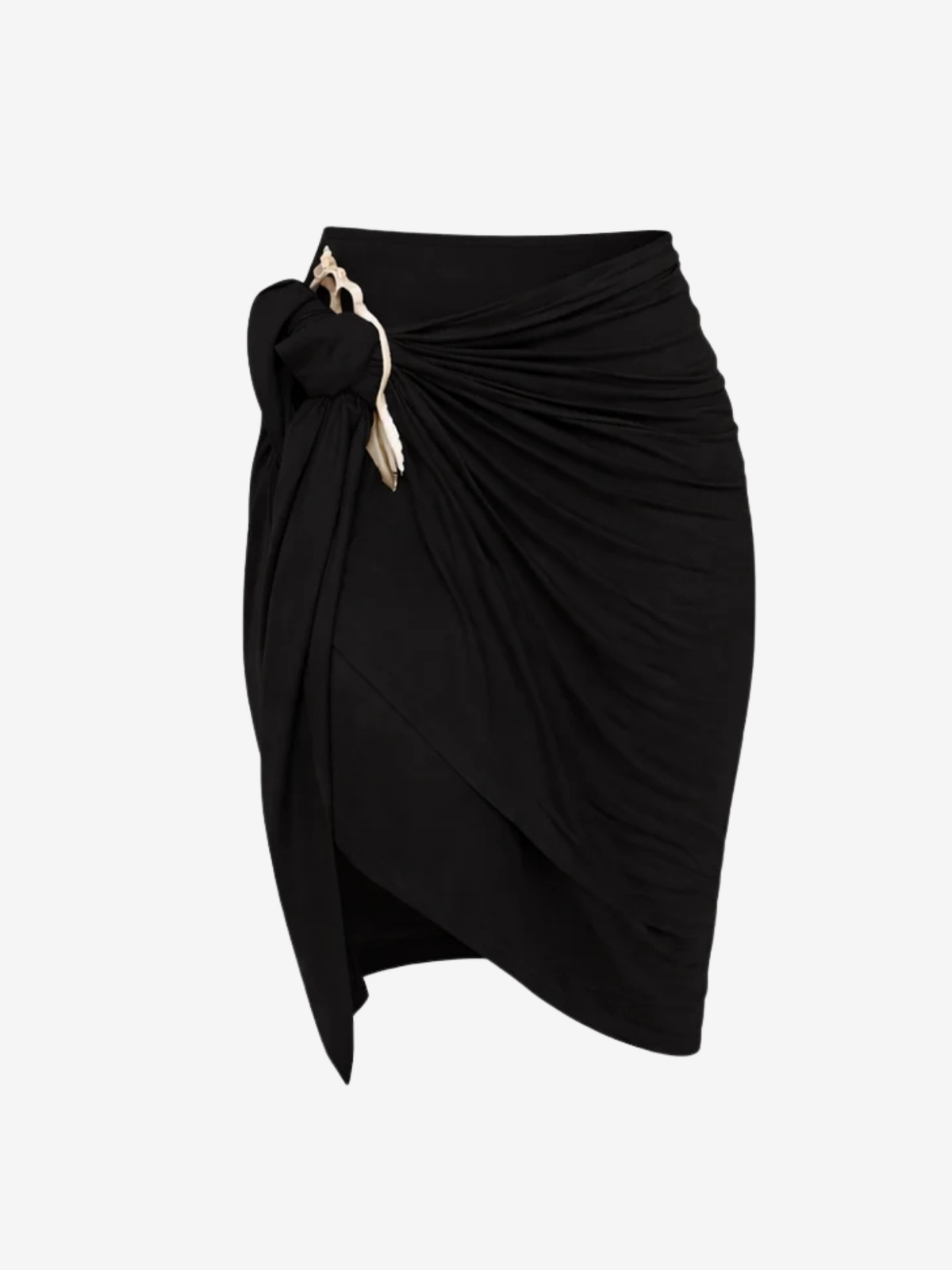 A black draped wrap skirt with an slice shell tie detail at the waist, shown against a plain light gray background.
