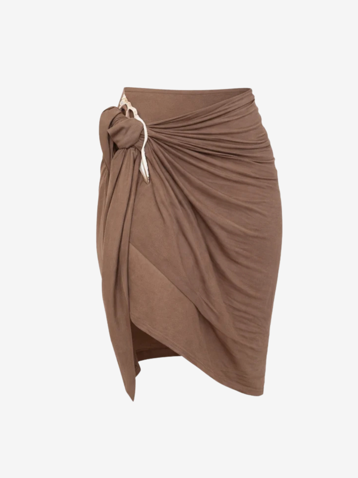 A brown draped wrap skirt with a side knot detail and a white shell, shown against a plain white background.