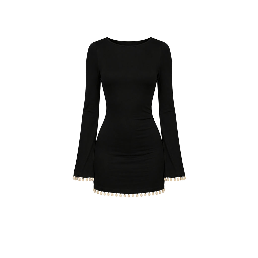 Black dress with cowrie details on a white background