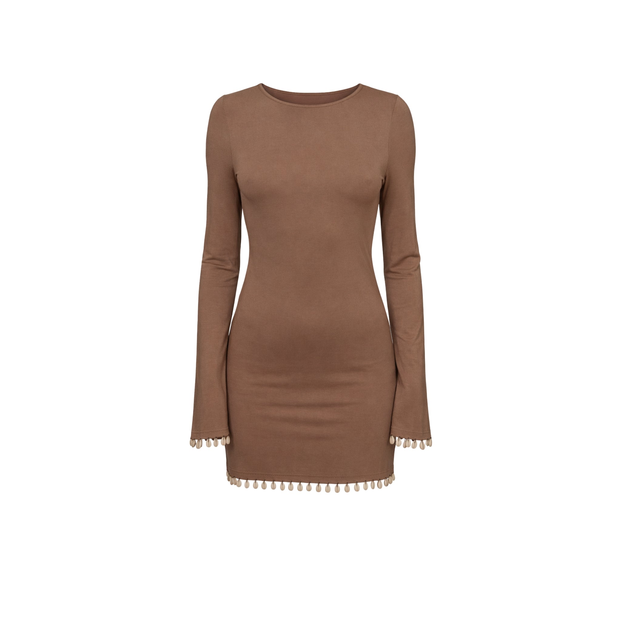 Brown dress with long sleeves and cowrie details on a white background