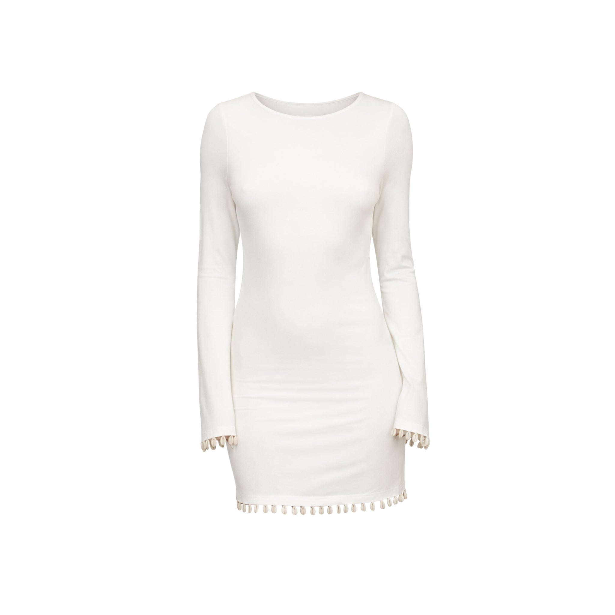 White long-sleeve dress with pom-pom details on a white background