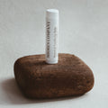 Shores Co lip balm tube on a wooden block with a neutral background