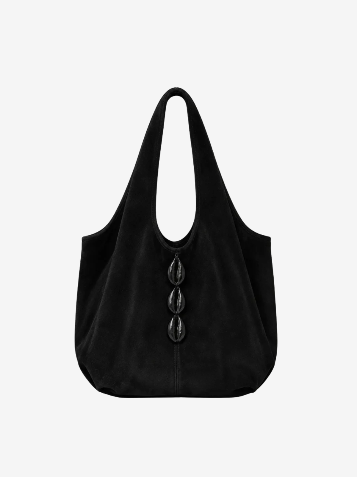 A black suede slouchy shoulder bag with three large black cowries down the front, set against a plain light gray background.