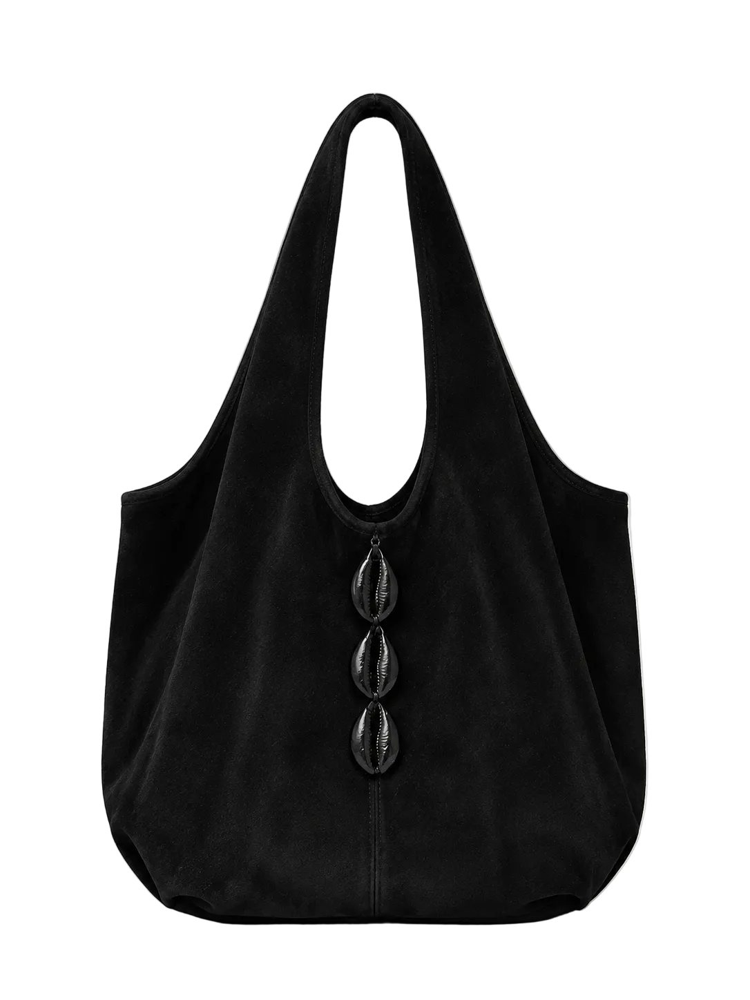 A black suede slouchy shoulder bag with three large black cowrie down the front, set against a solid light gray background.