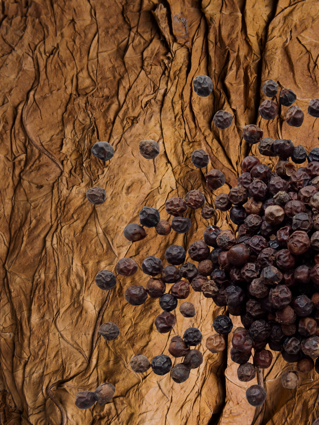 Black peppercorns scattered across a textured, wrinkled brown tobacco leaf surface.