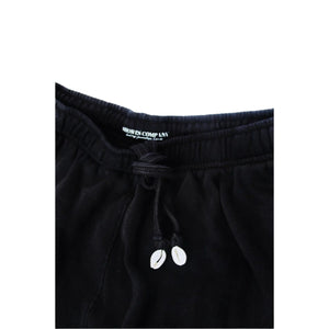 Paradise Jogger waist detail - cowrie shell drawstring on Shores Company joggers