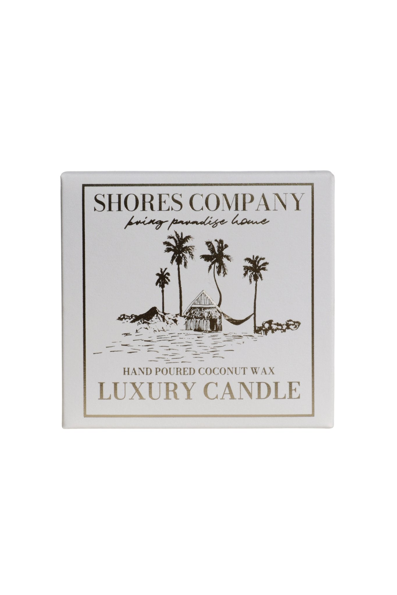 Shores Company luxury candle packaging with palm tree design on a white background