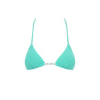 Vai crinkle turquoise bikini top on a white background