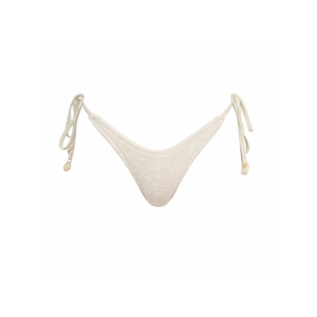 white Vai bikini bottom with string ties on a white background