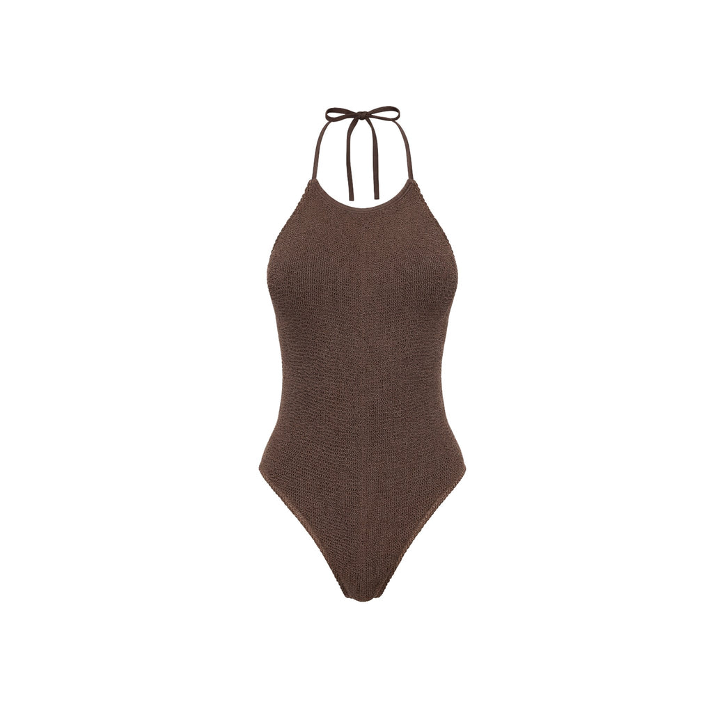 Brown halter-neck swimsuit on a white background