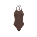 Brown halter-neck swimsuit on a white background