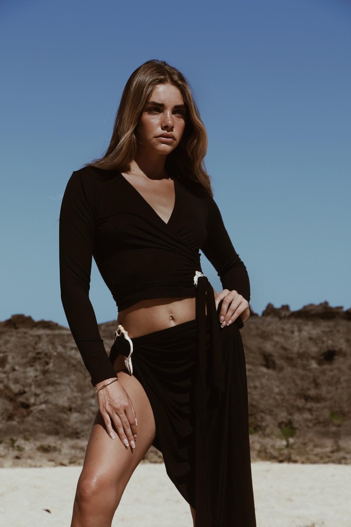 Brisa Wrap Crop Top in Abyss Black, front view with shell tie detail