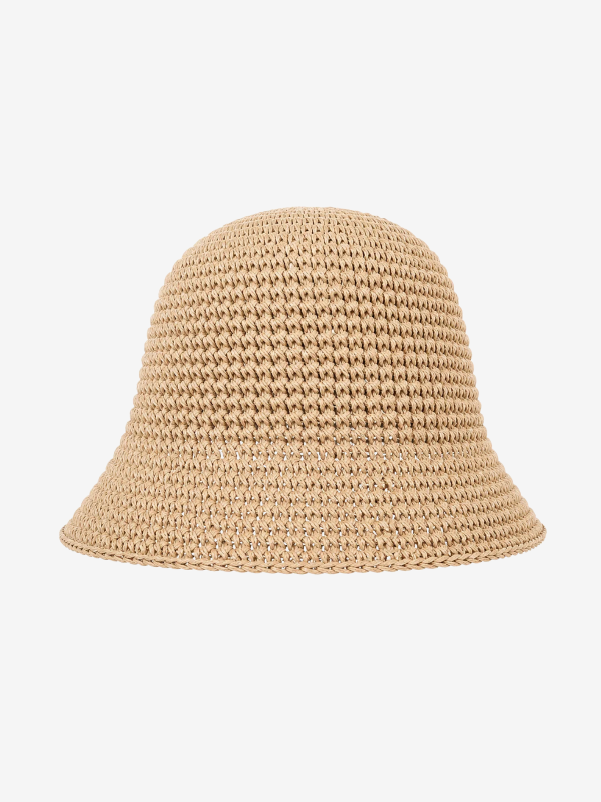 A beige woven bucket hat with a textured, open-weave pattern, shown against a plain light gray background.