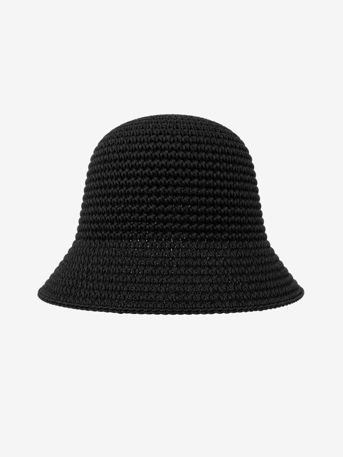 A black woven bucket hat with a textured, braided pattern, shown from a front-facing perspective on a solid light gray background.