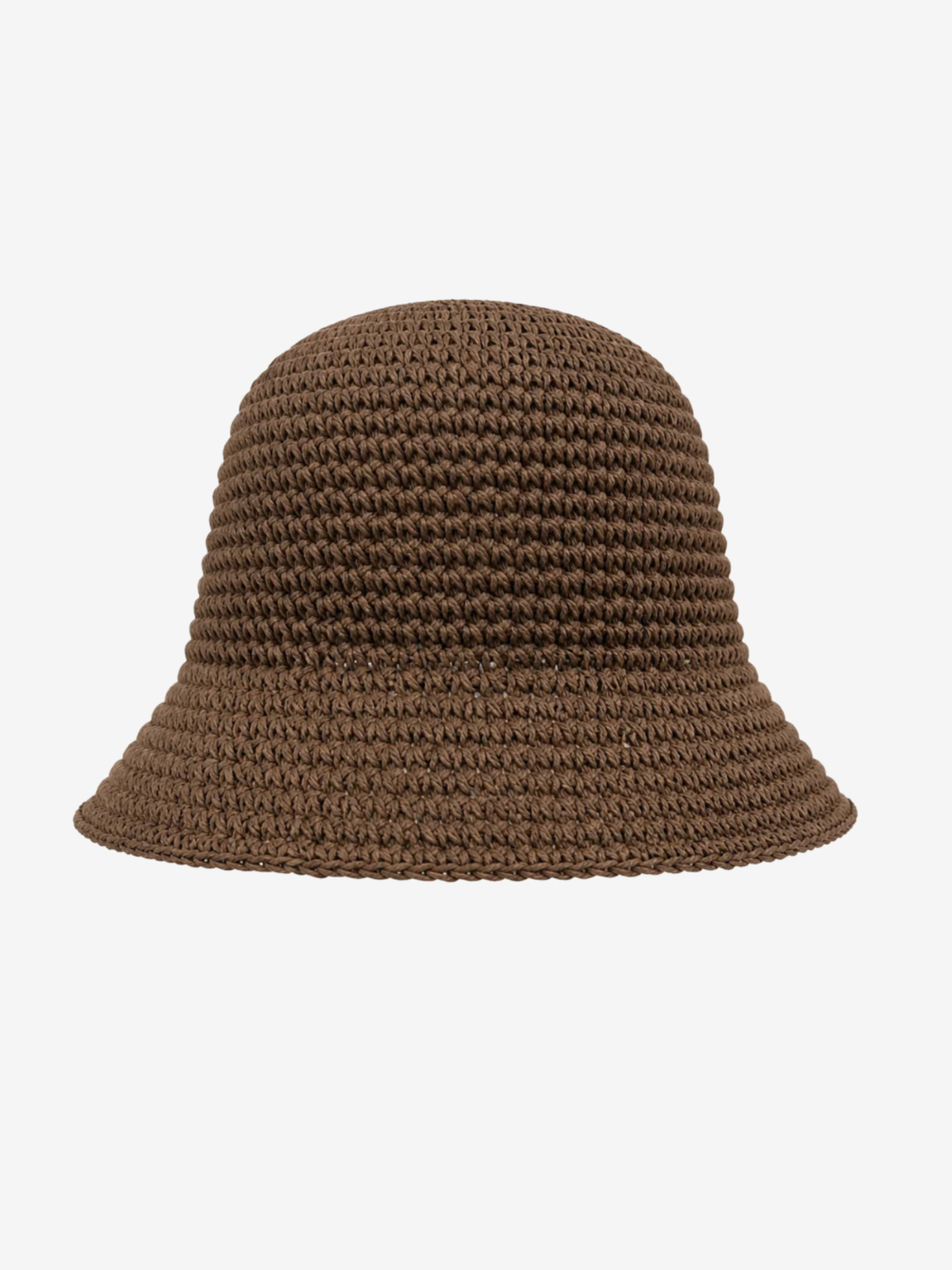 A brown crocheted bucket hat with a textured knit pattern, shown against a plain light gray background.