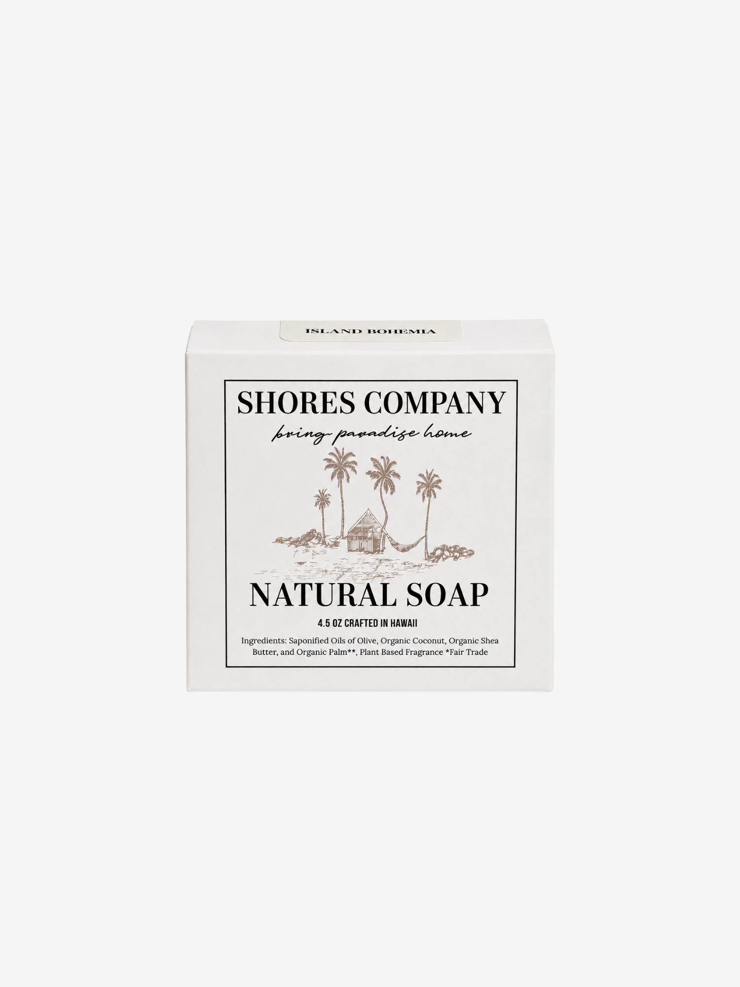 A white rectangular box of Shores Company Natural Soap, featuring a black and brown tropical beach illustration on the front label, set against a plain light gray background.