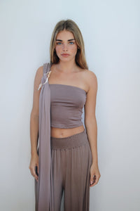 Front view of Kirra Set in Coco Husk – soft bandeau and wide leg pants.
