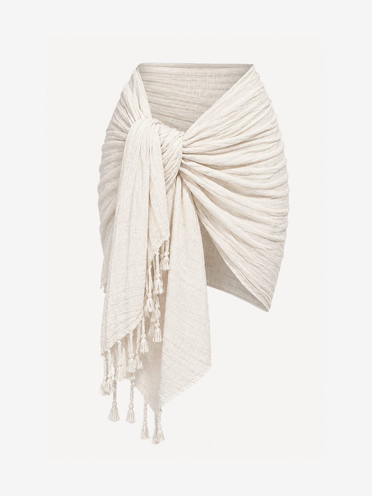 An off-white crinkled cotton wrap scarf with tassels, styled in a knotted wrap-around fashion against a solid off-white background.