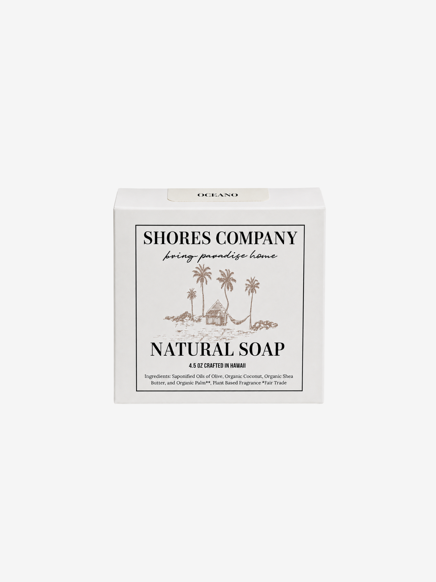 A white rectangular box of Shores Company Natural Soap, featuring a minimalist black and beige illustration of palm trees on the front label, set against a solid light gray background.