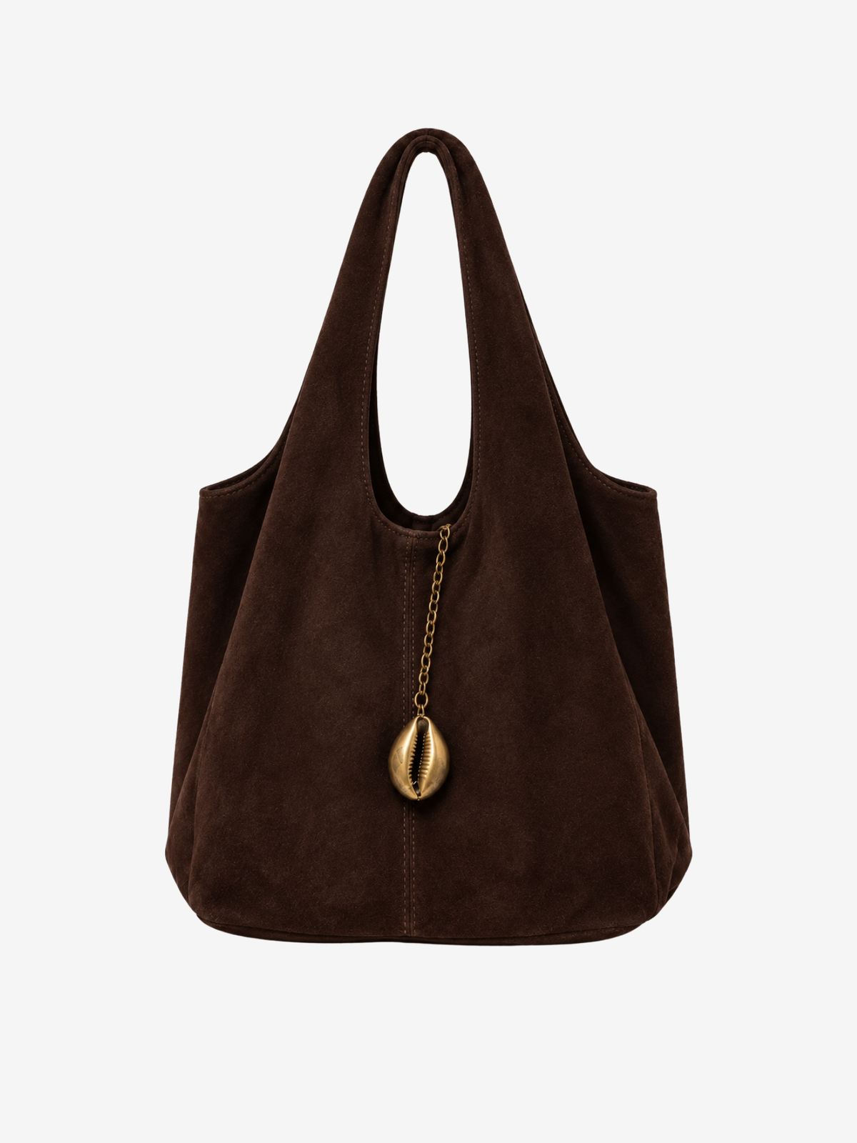 A dark brown suede slouchy shoulder bag with a gold-tone chain and shell charm, shown against a plain white background.