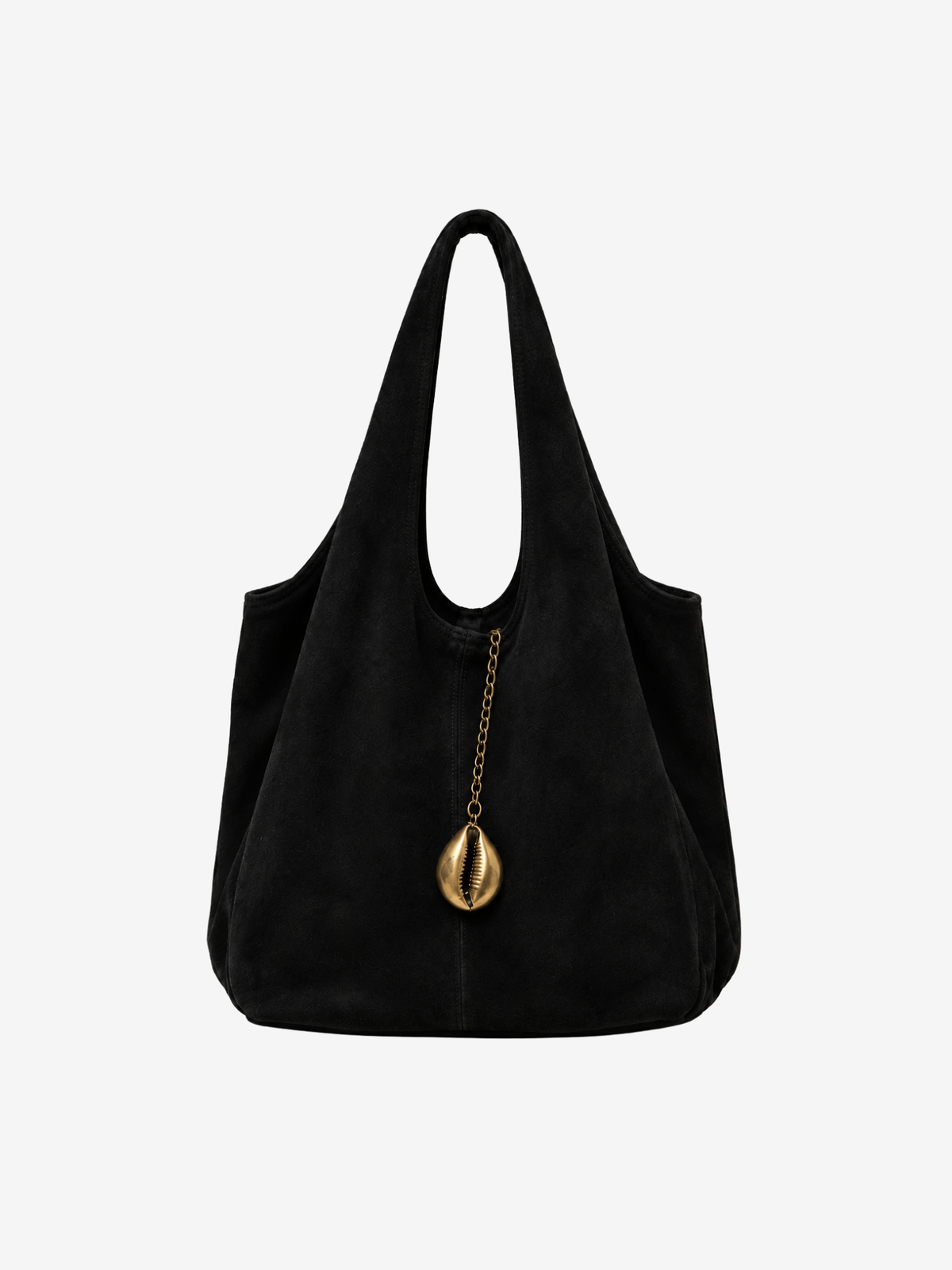 A black suede shoulder bag with a gold-tone chain and cowrie pendant, shown against a plain light gray background.