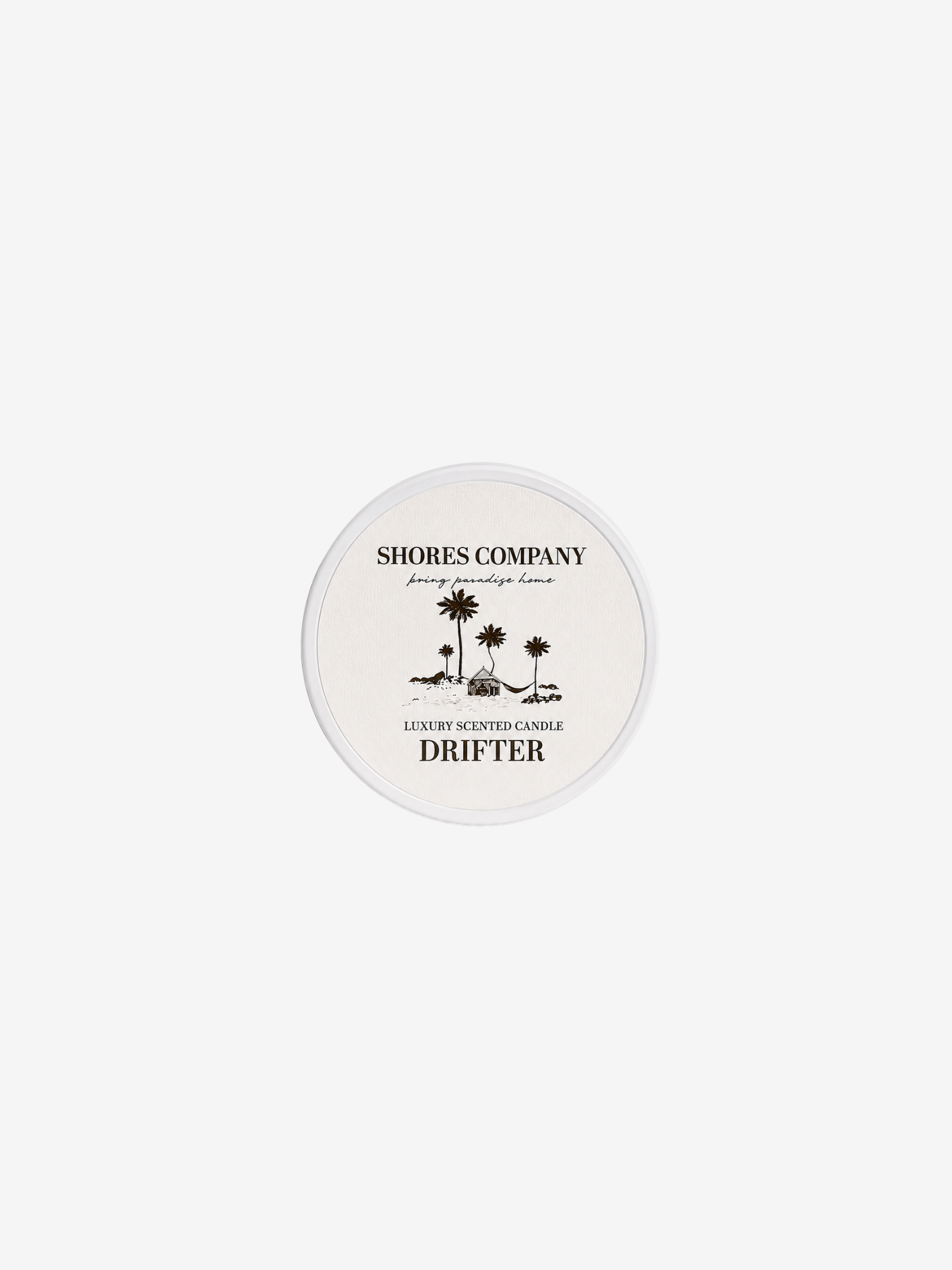 shores company travel candle with label drifter