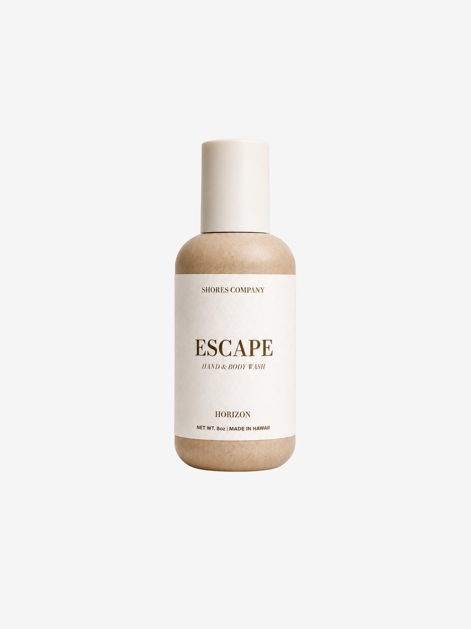A bottle of SHORES COMPANY Escape Hand & Body Wash, Horizon scent, centered on a clean off-white background.