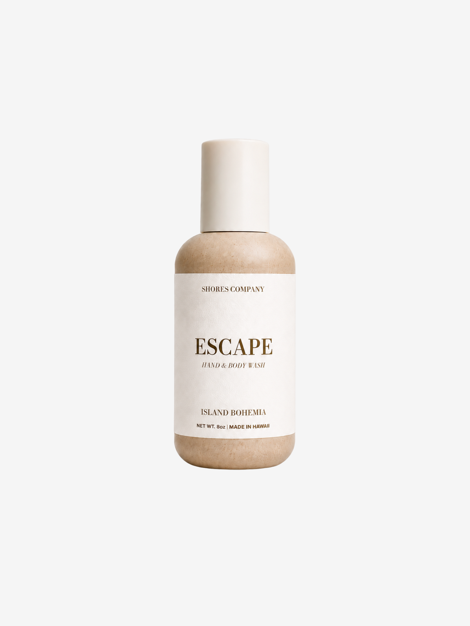 A bottle of Shore's Company Escape Hand & Body Wash, featuring a beige body and a white cap, centered on a light gray background.