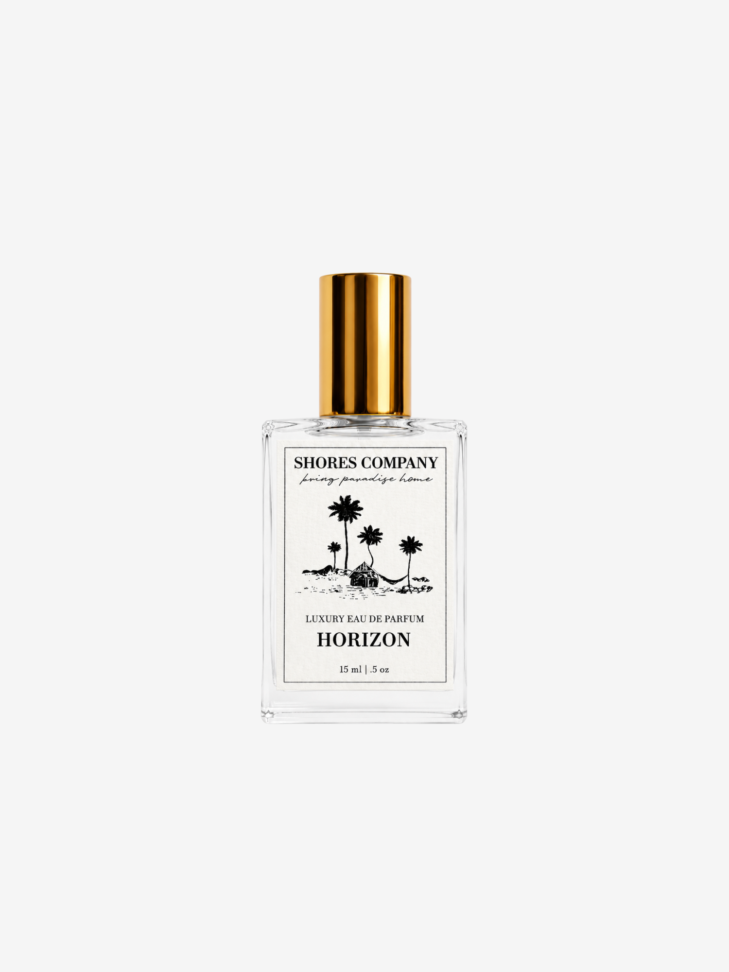 Shores Company Horizon Luxury Parfum in a clear glass bottle with a gold cap and a white label featuring black palm tree illustrations, centered on a light gray background.