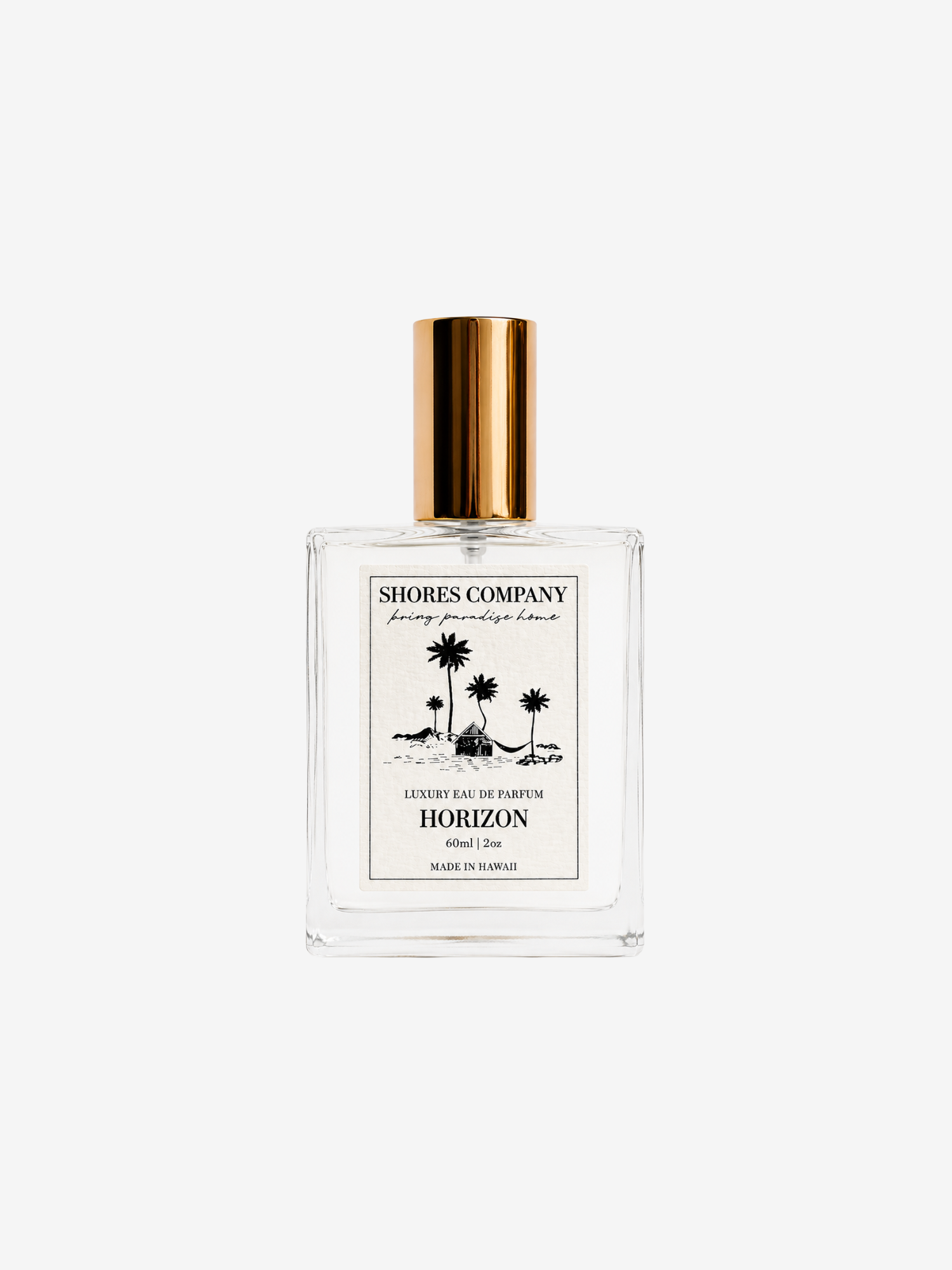 Shores Company Horizon luxury fragrance eau de parfum in a clear rectangular glass bottle with a gold cap and a cream-colored label featuring black palm tree illustrations, set against a solid light gray background.