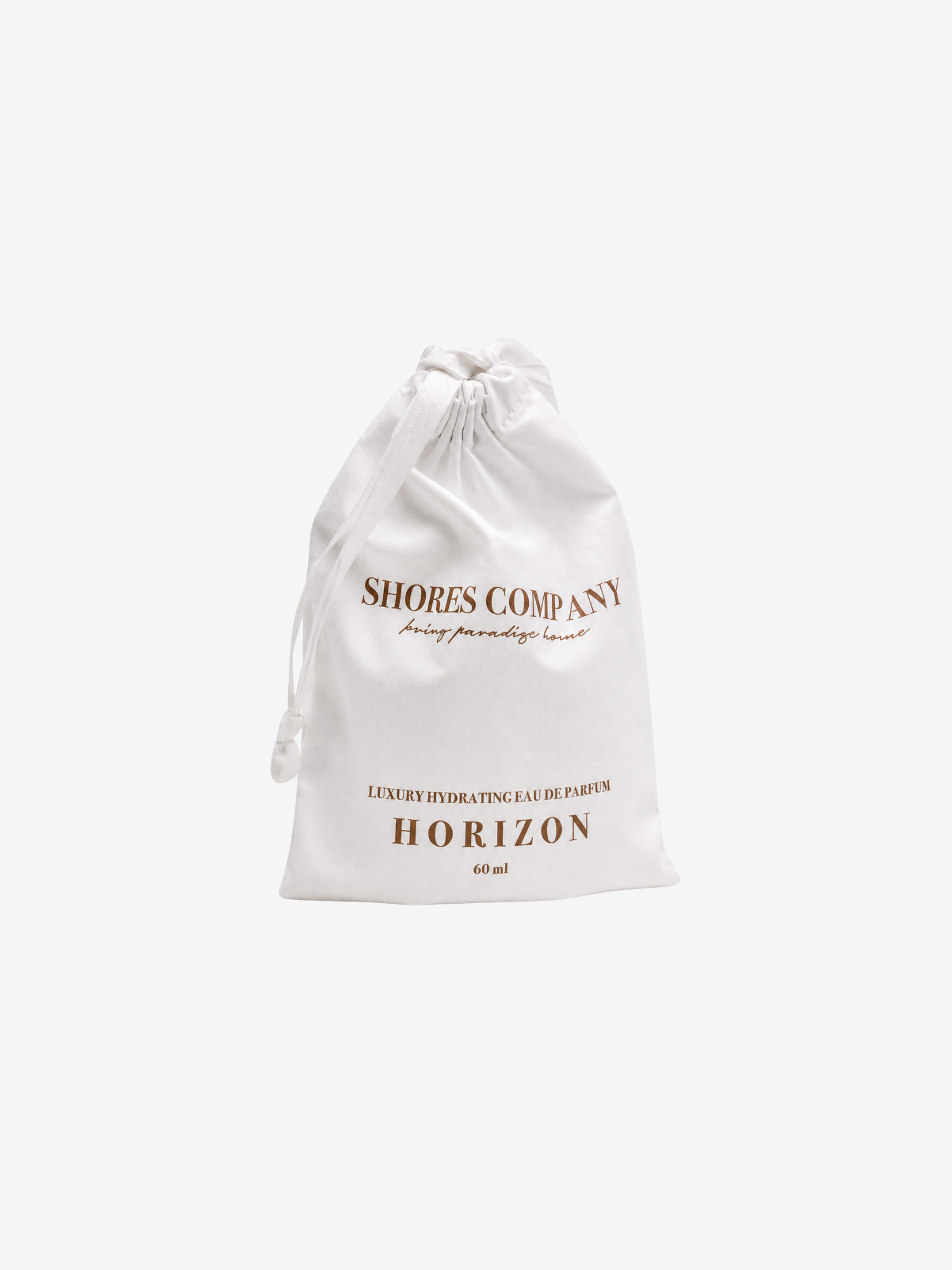 A white drawstring pouch with gold lettering reading 'SHORES COMPANY' and 'HORIZON' on a clean white background.