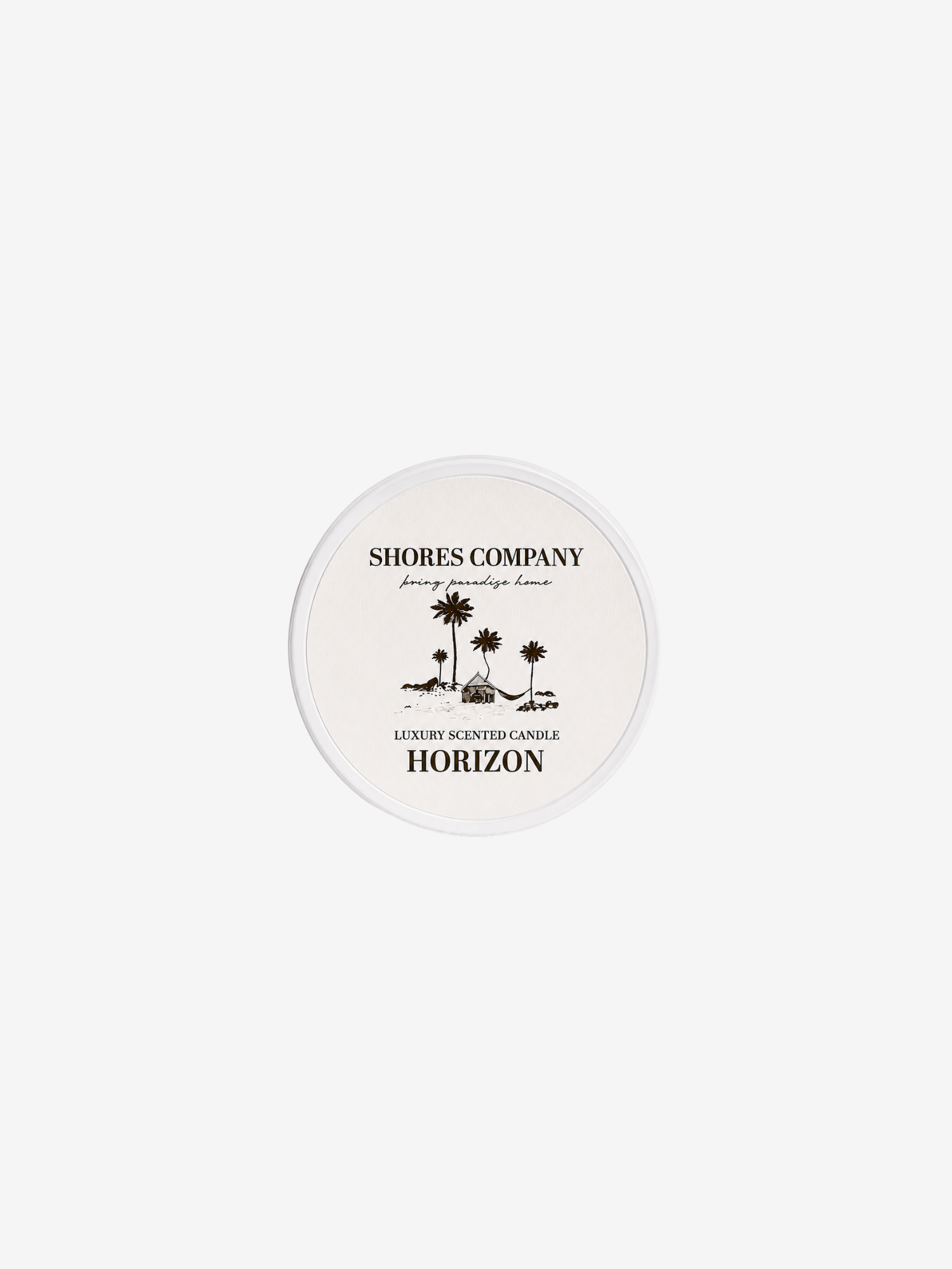 shores company Horizon travel candle in white tin with gold and white label with palm logo