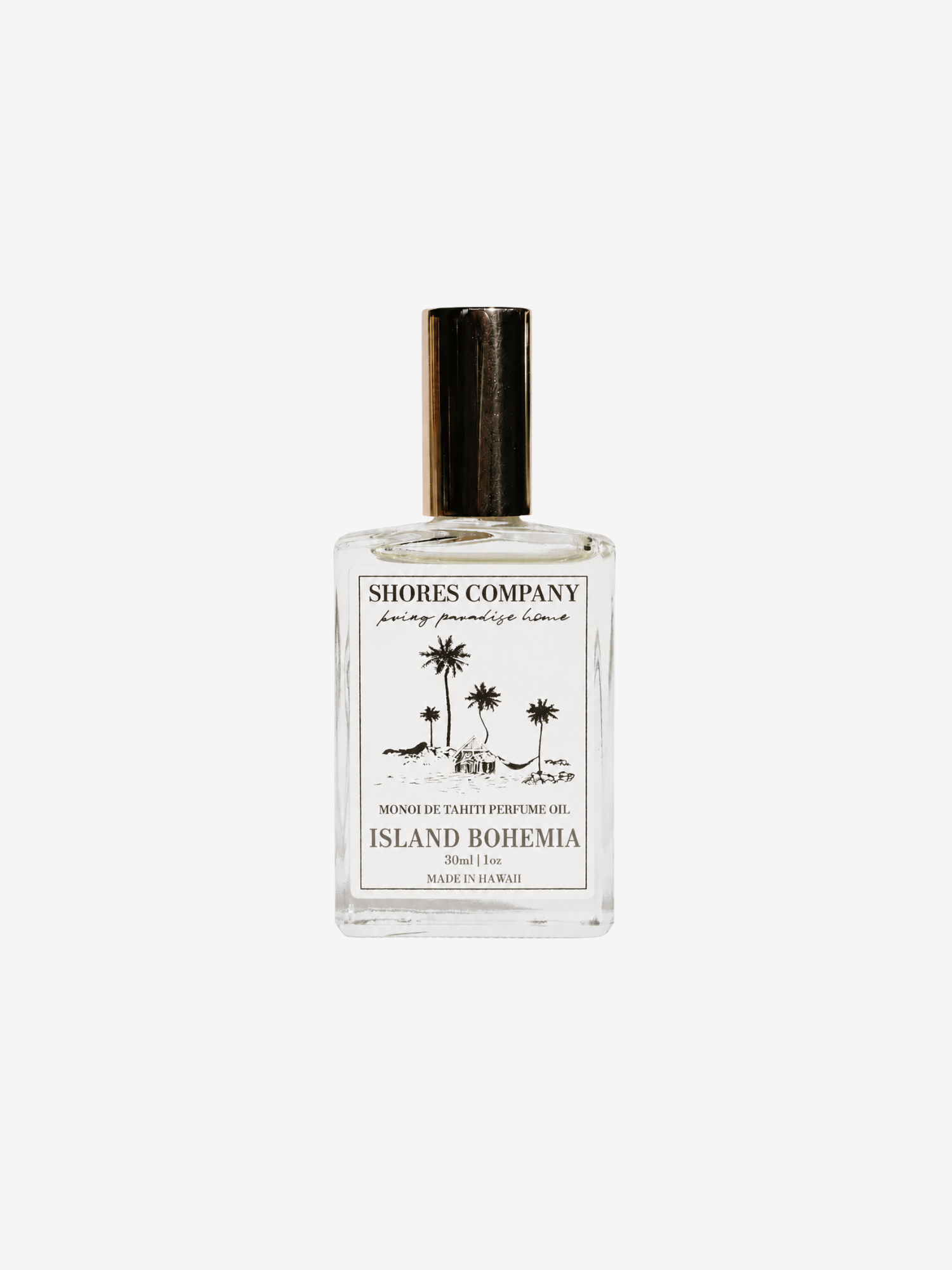 a 30ml glass bottle with shores company island bohemia label body oil on white background
