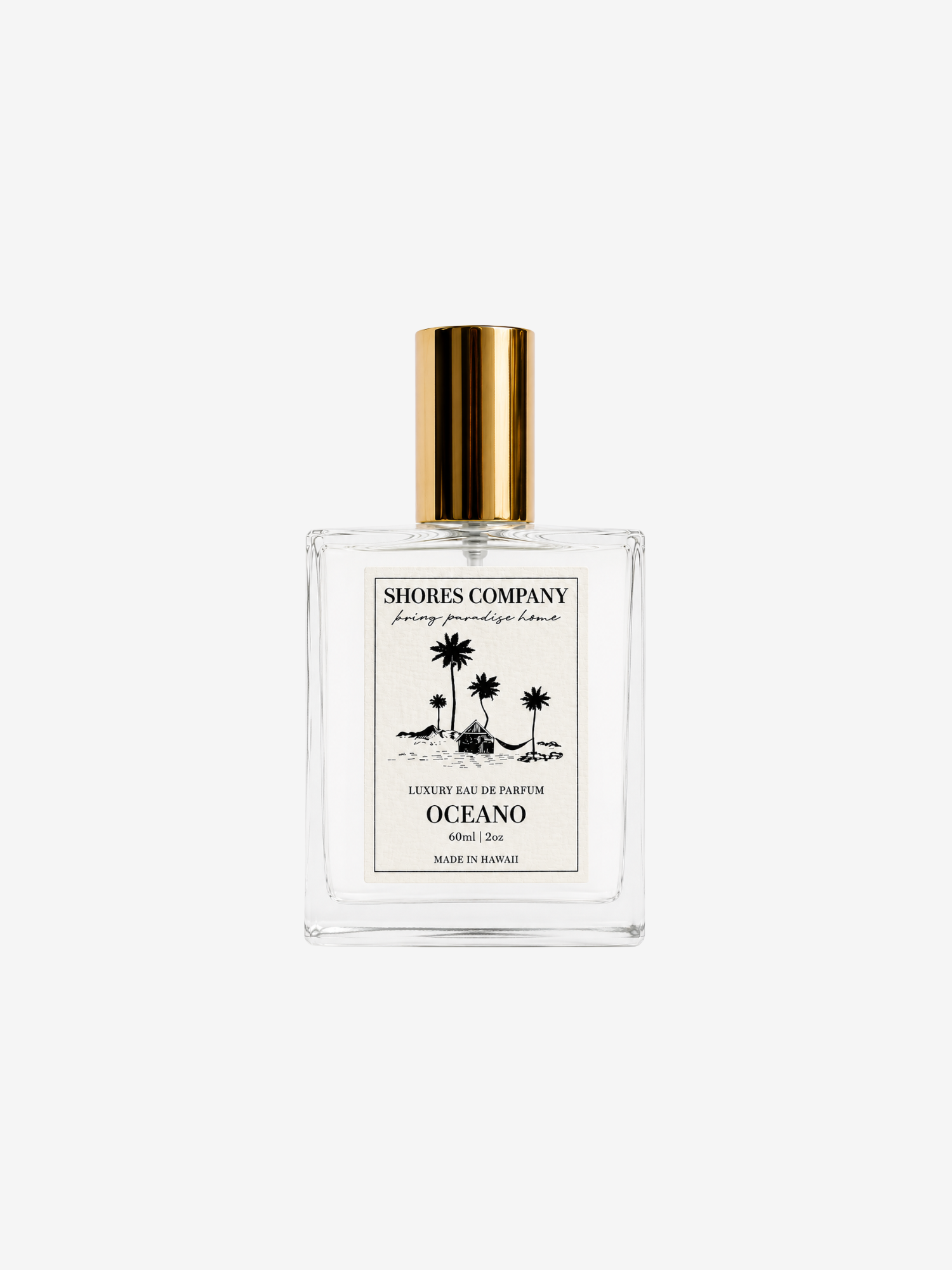 A modern perfume with a clear glass square shape with gold finished metal rod and cap,  against a plain white background.