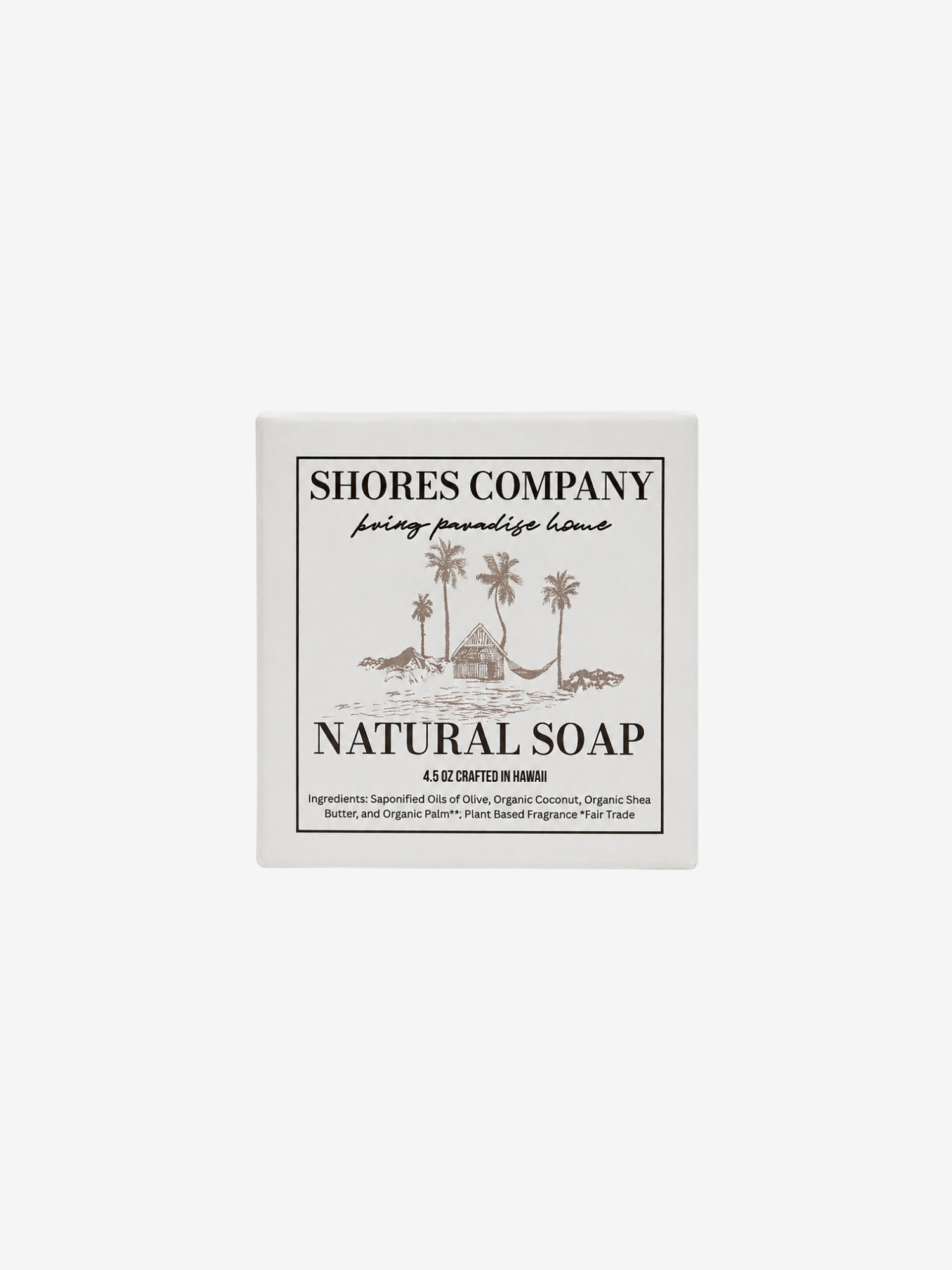 A square bar of Shore's Company Natural Soap in Hammock scent, featuring a cream-colored wrapper with black text and a palm tree illustration, set against a solid light gray background.