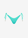 A turquoise blue textured bikini bottom with side-tie straps and small silver metal tips, shown flat against a light gray background.