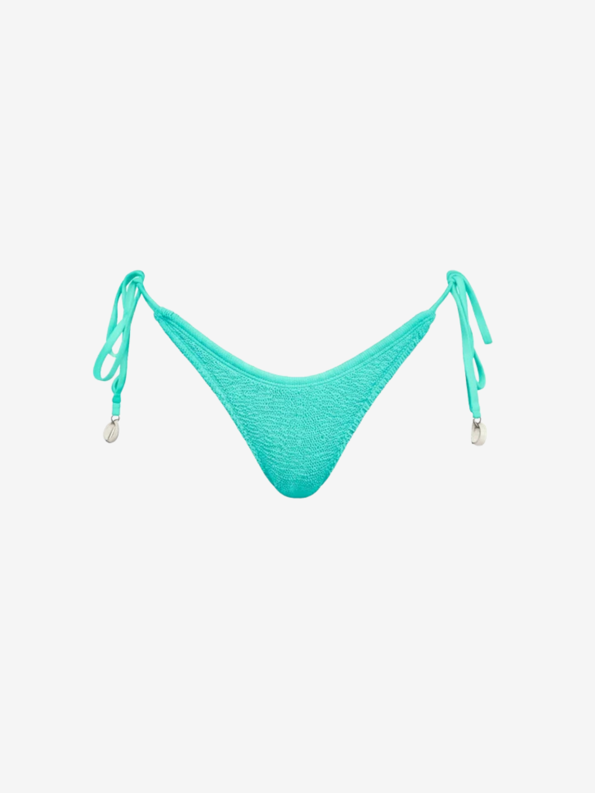 A turquoise blue textured bikini bottom with side-tie straps and small silver metal tips, shown flat against a light gray background.